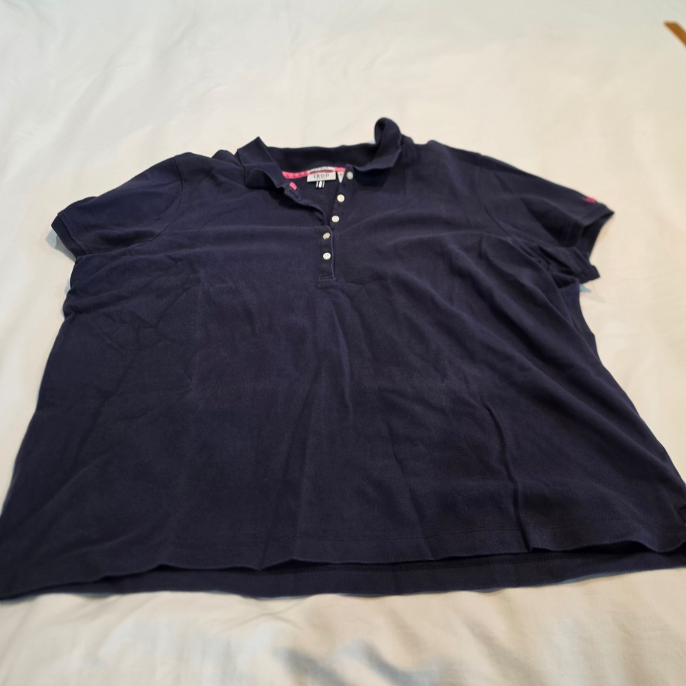 IZOD Polo Shirt Women 2X Navy Blue Excellent Pink Trim Stretch Pique Logo